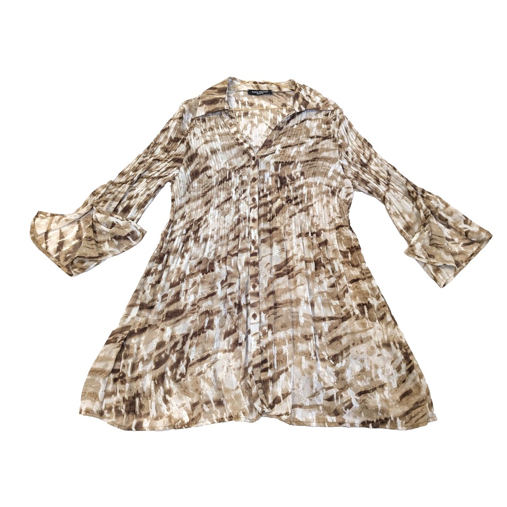 Flavia Molinari Women M-L Button Up Tunic Pleated/Accordian Bell Slit 3/4 Sleeve